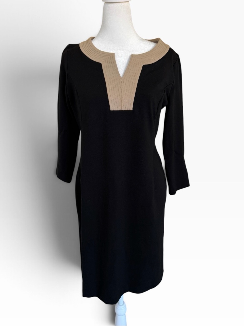 Talbots Black Dress with Tan Collar Trim Minimalist style – Size 4P